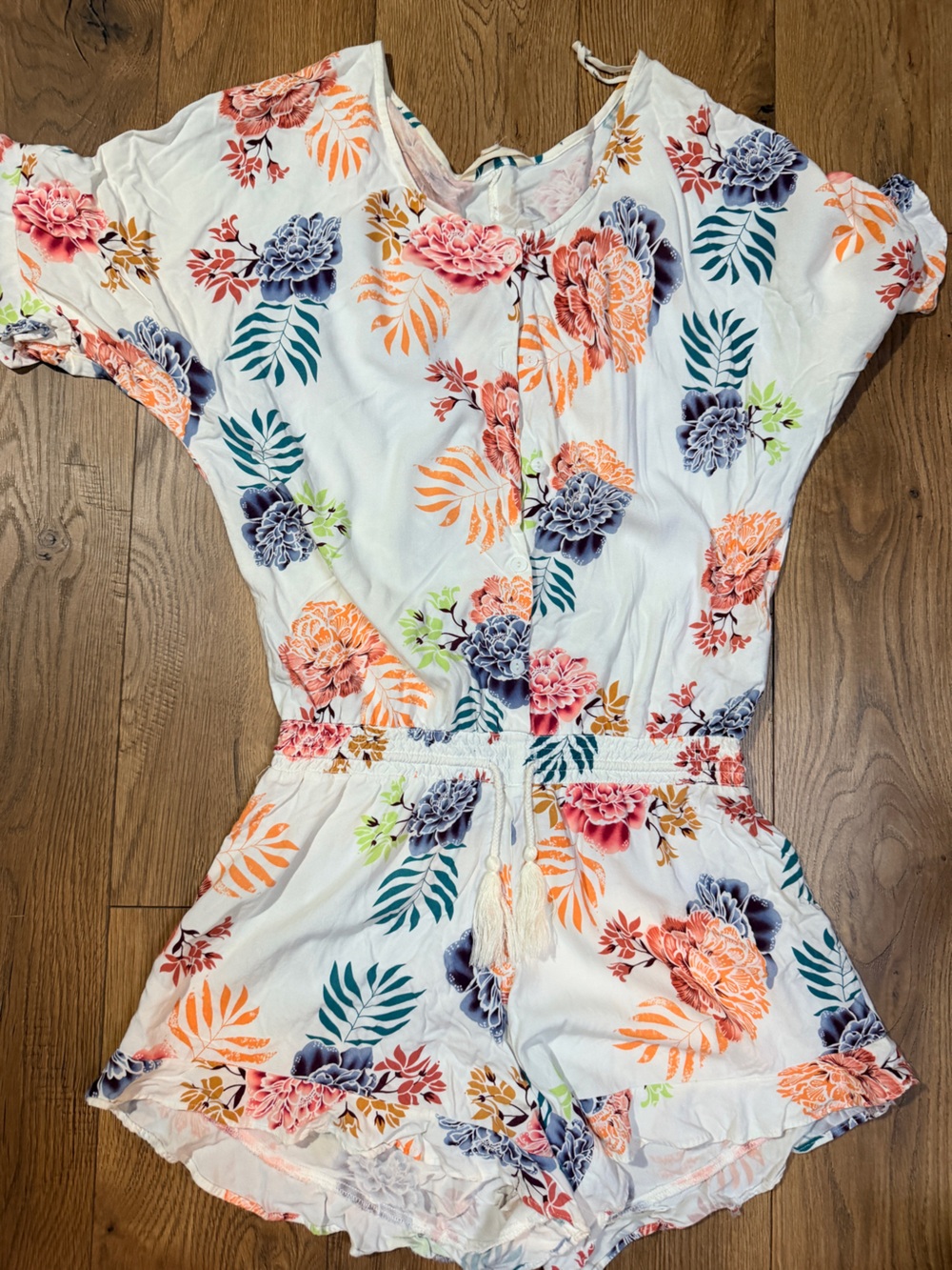 Maui and Sons White Floral Romper with Orange, Pink & Blue Accents